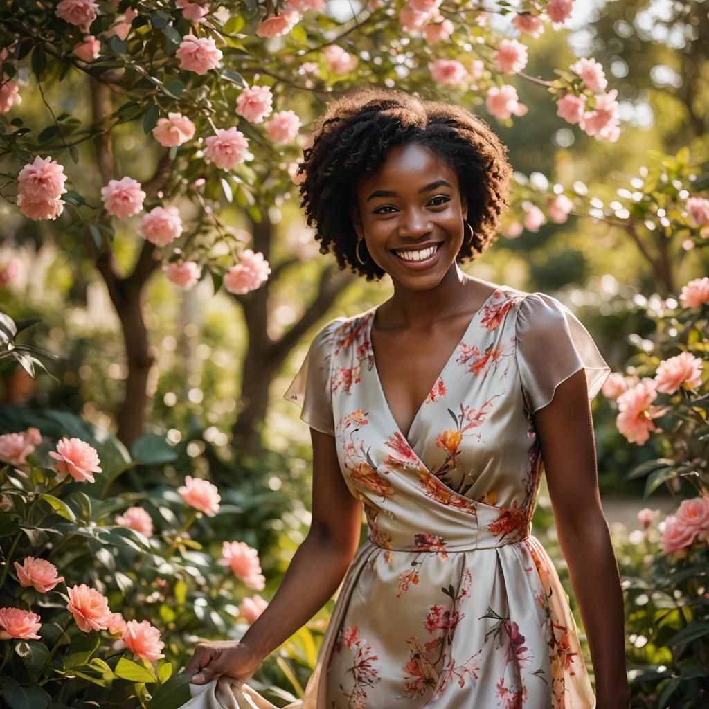 Young Girl in Silk Dress in Bright Garden
