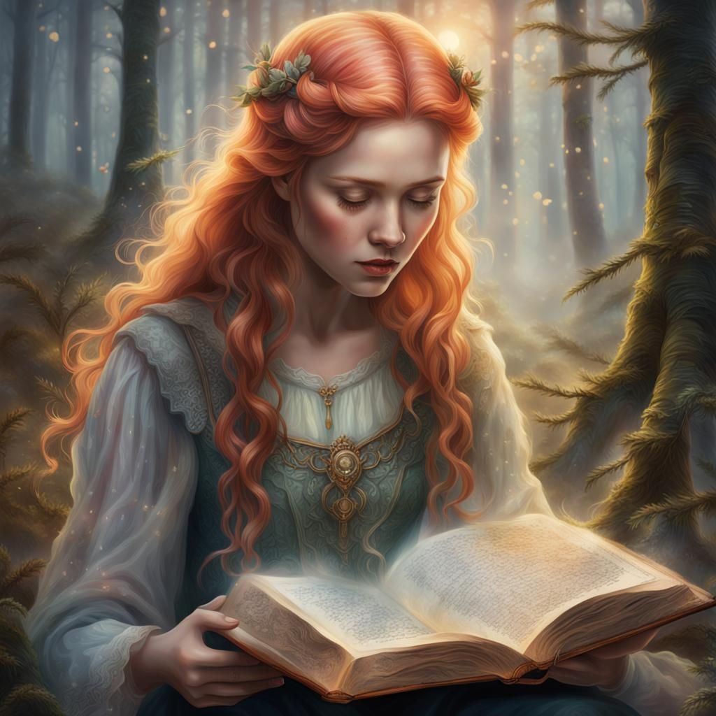 Mystical Woman Reading in Misty Forest: Fantasy Art
