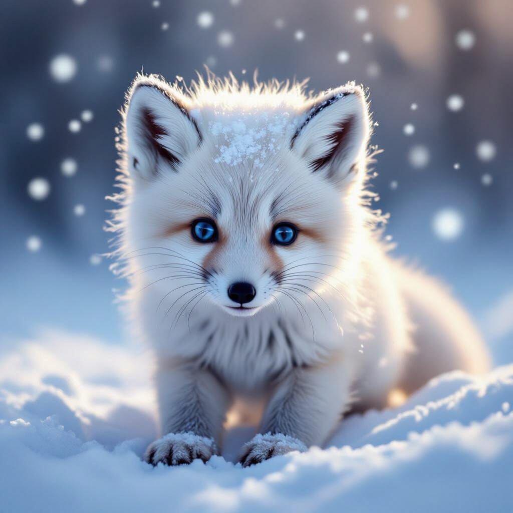 Cute Arctic Fox Baby in Gentle Snowfall