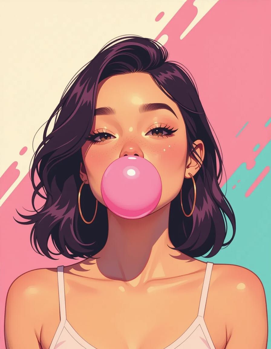 Woman Blowing Bubblegum Bubble in Stylized Realism