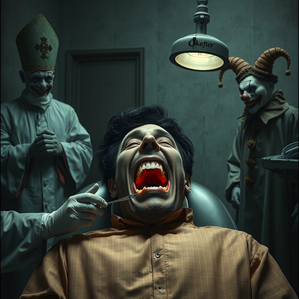 The clown called the priest but inside the cavity of the too...