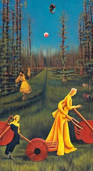 Surreal Woman Pushing Cart in Space, Propaganda Art