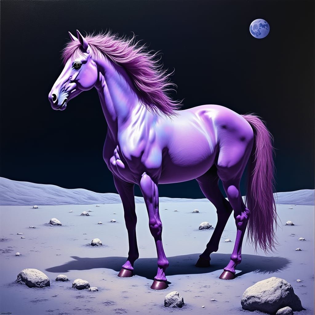 Purple Horse on the Moon in Surreal Style