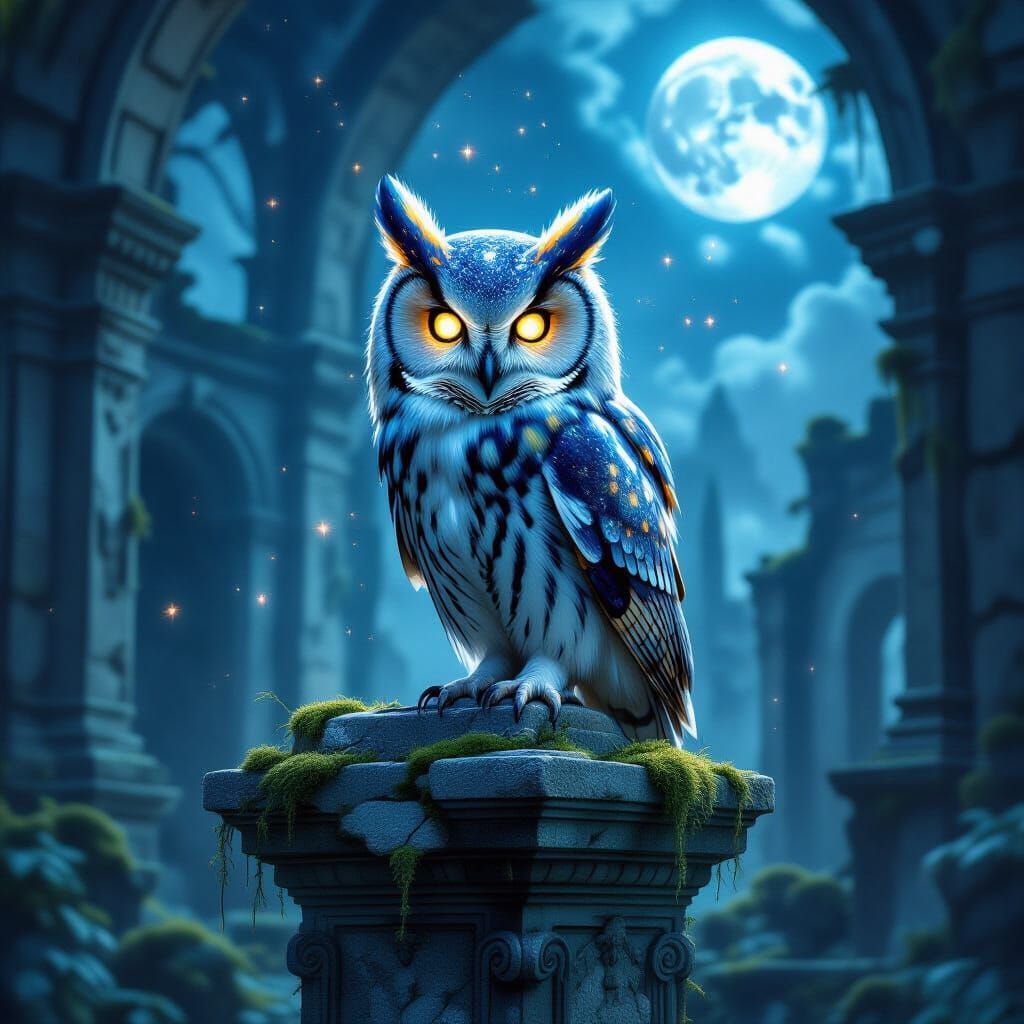 Ancient Owl with Galaxy Eyes on Pedestal in Ruined City