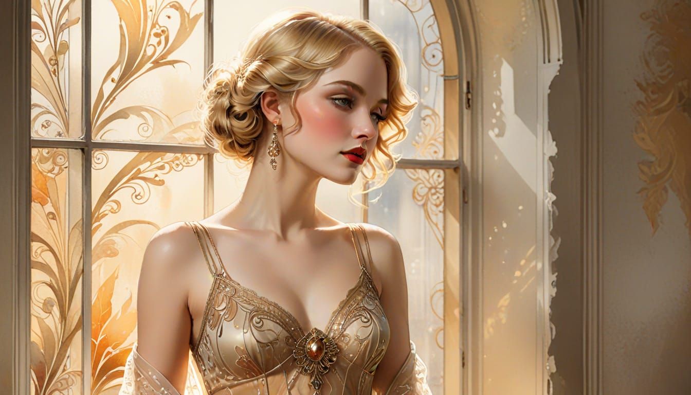 Glamorous Nymph in Art Deco Watercolor Style