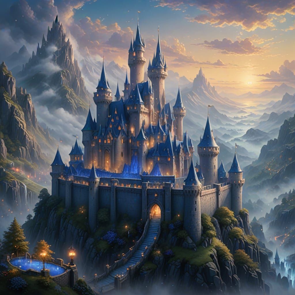 Majestic Sapphire Castle in Misty Golden Light