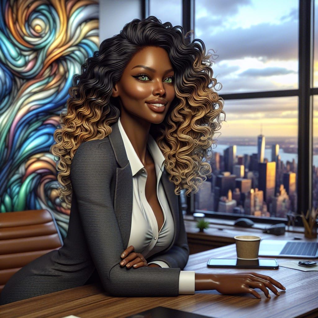 Confident Woman in Office with Manhattan View