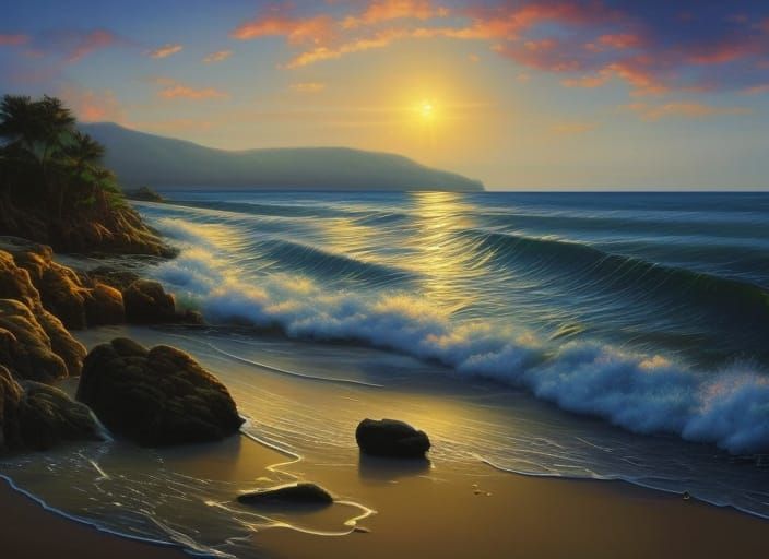 Romantic Sunset Beach with Roses Heart: Oil Painting