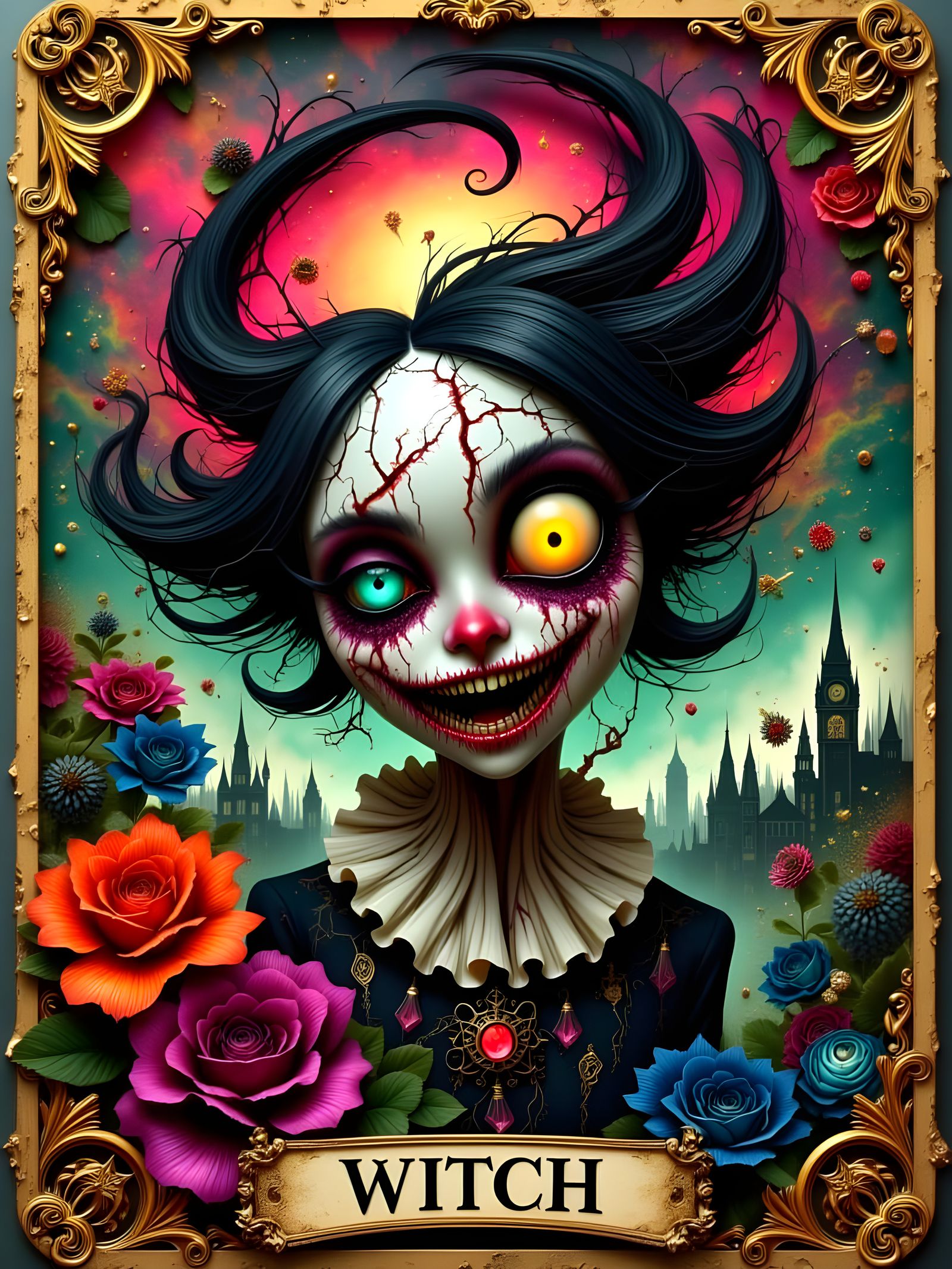 Steampunk Witch Tarot Card in Vintage Embossed Style