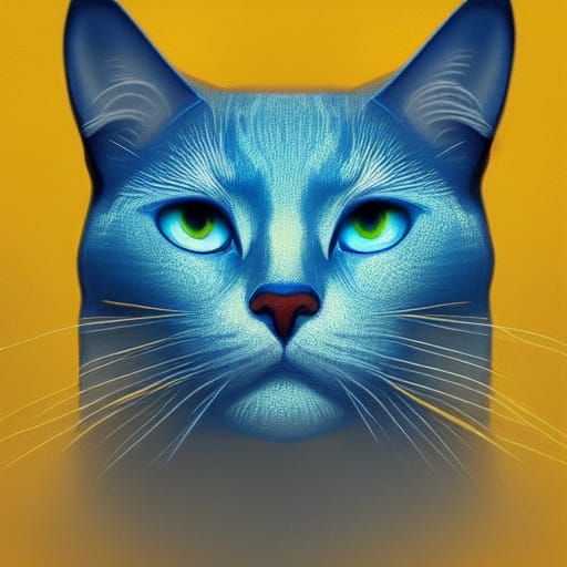 Blue and Gold Cat Portrait in Hyperdetailed Style