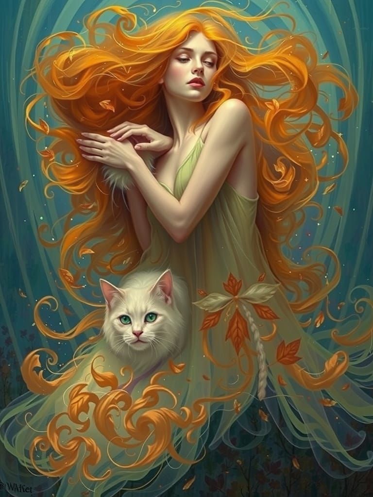 Ethereal woman and cat with flowing smokey red hair