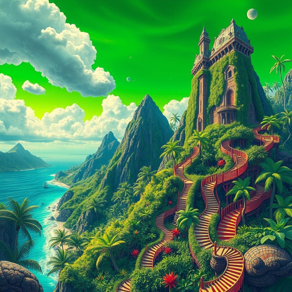 Surreal Tahitian Dreamscapes in Psychedelic Style