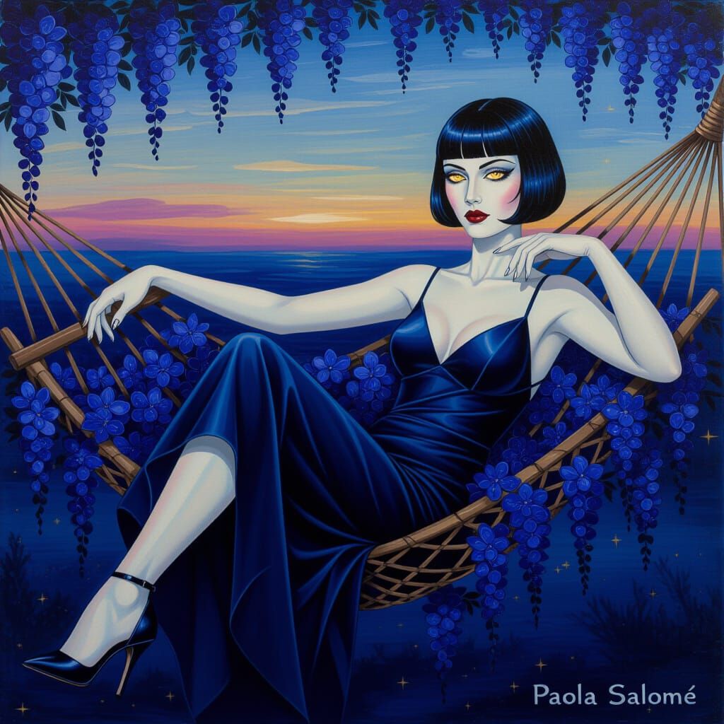 Mysterious Woman in Indigo Blossoms Oil Painting