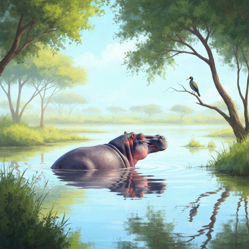Majestic Hippo Bathes in Sunlit African River, Impressionist...