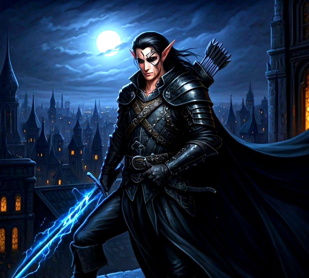 Half-Elf Rogue on Rooftop in Oil Painting Style