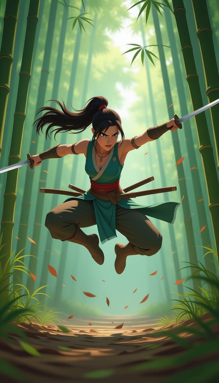 Warrior Woman in Bamboo Forest, 3D Pixar Animation