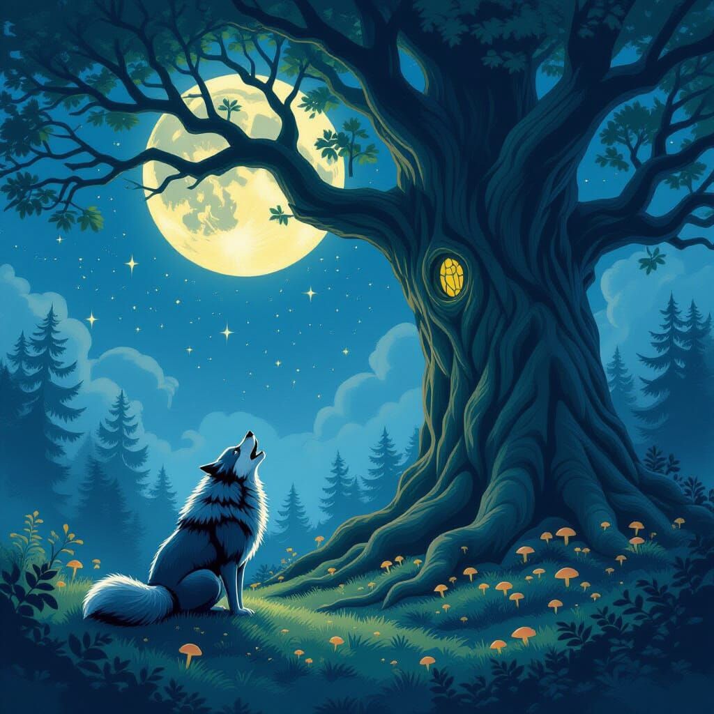 Werewolf Howling at Moonlit Ancient Tree in Starry Void