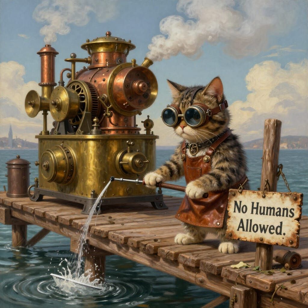 Steampunk Cat Fishes from Pier in Vibrant Digital Painting