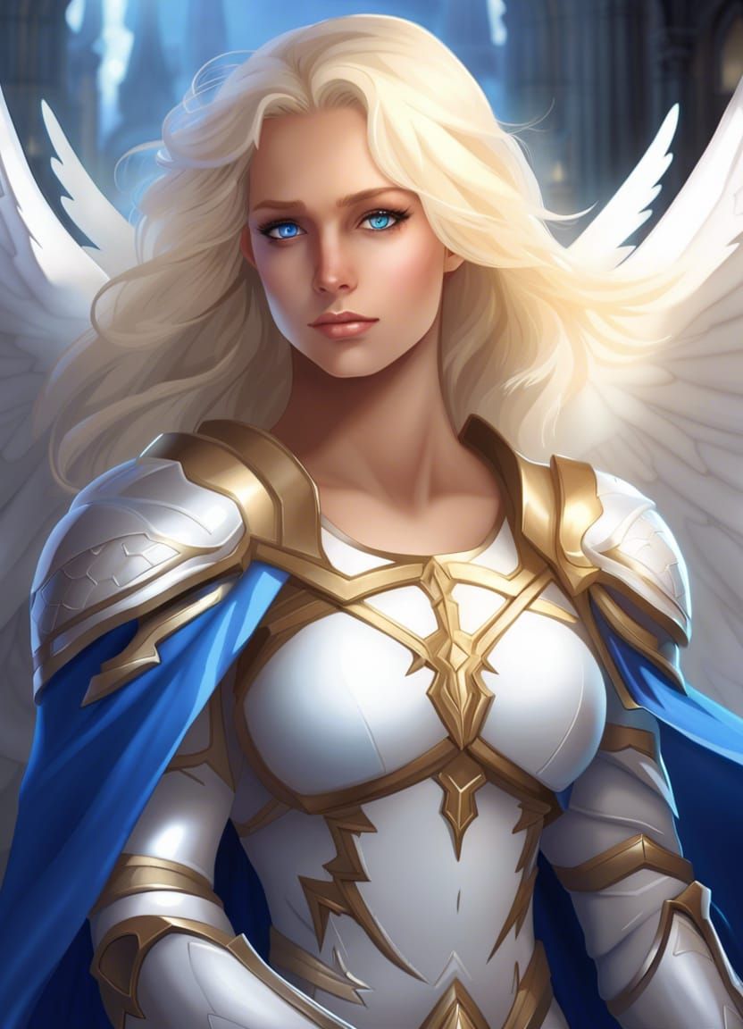 Angelic Paladin in White Armor with Wings of Light