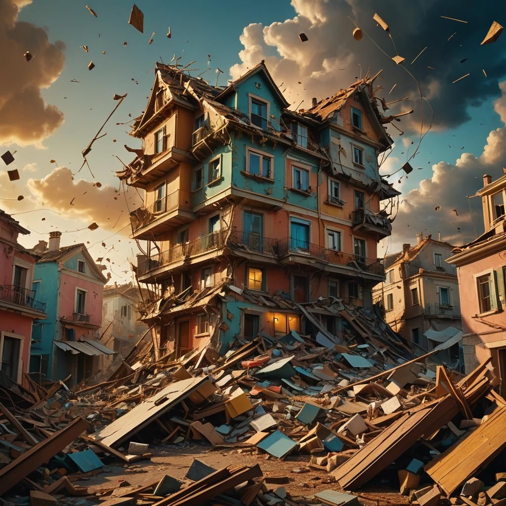 Surreal House Falls From Sky in Dreamlike Colors