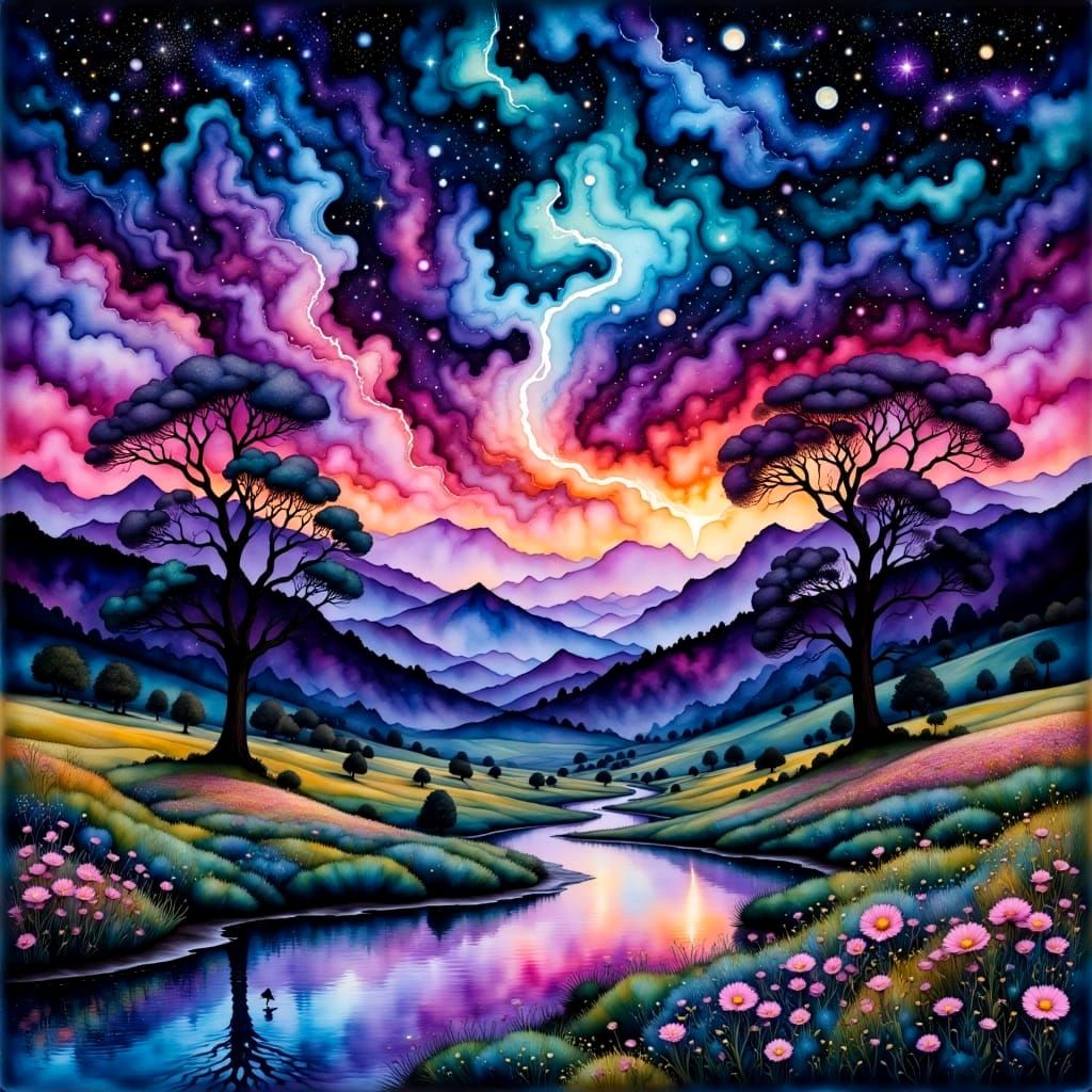 Surreal Nighttime Landscape with Swirling Colors and Water R...