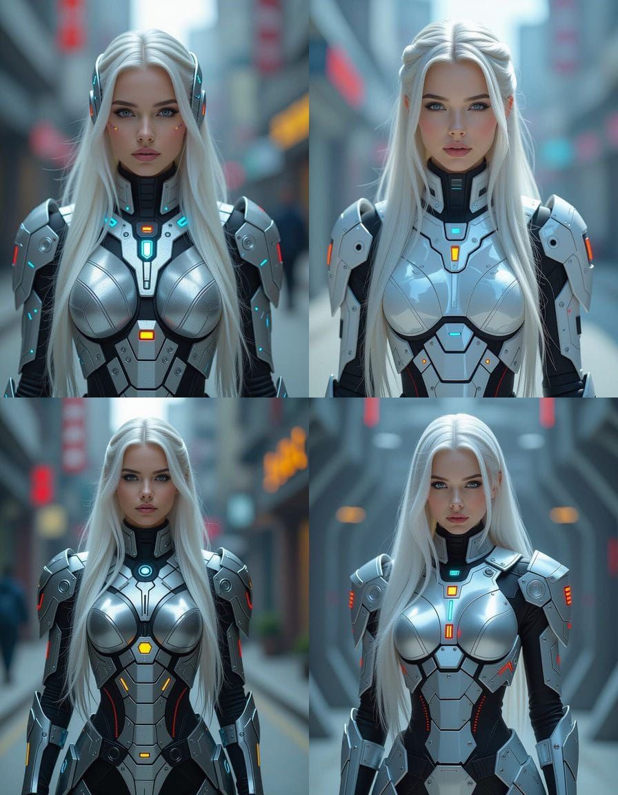 Futuristic Woman with Long White Hair in Cyberpunk Armor