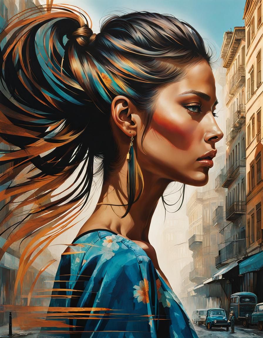 Street Art Girl Styling Hair with Double Exposure