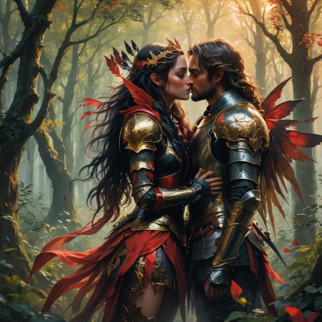 Knight and Fairy Kiss in Forest Glade