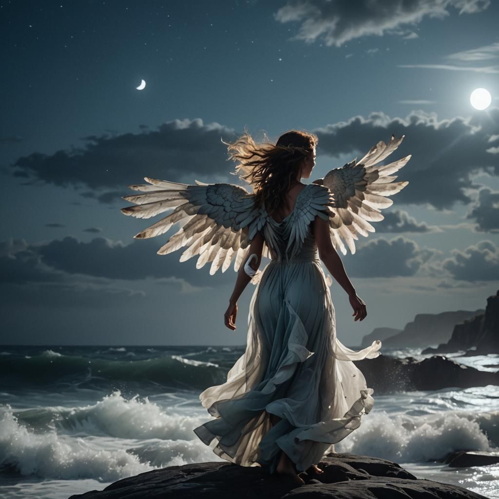 Angelic Woman Amidst Crashing Waves in Moonlight