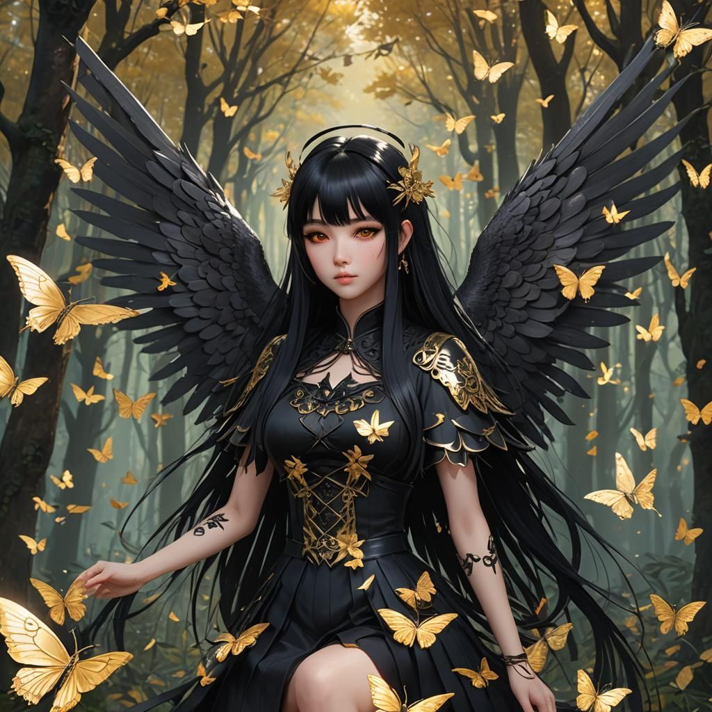 Gothic Anime Girl with Angel Wings in Forest