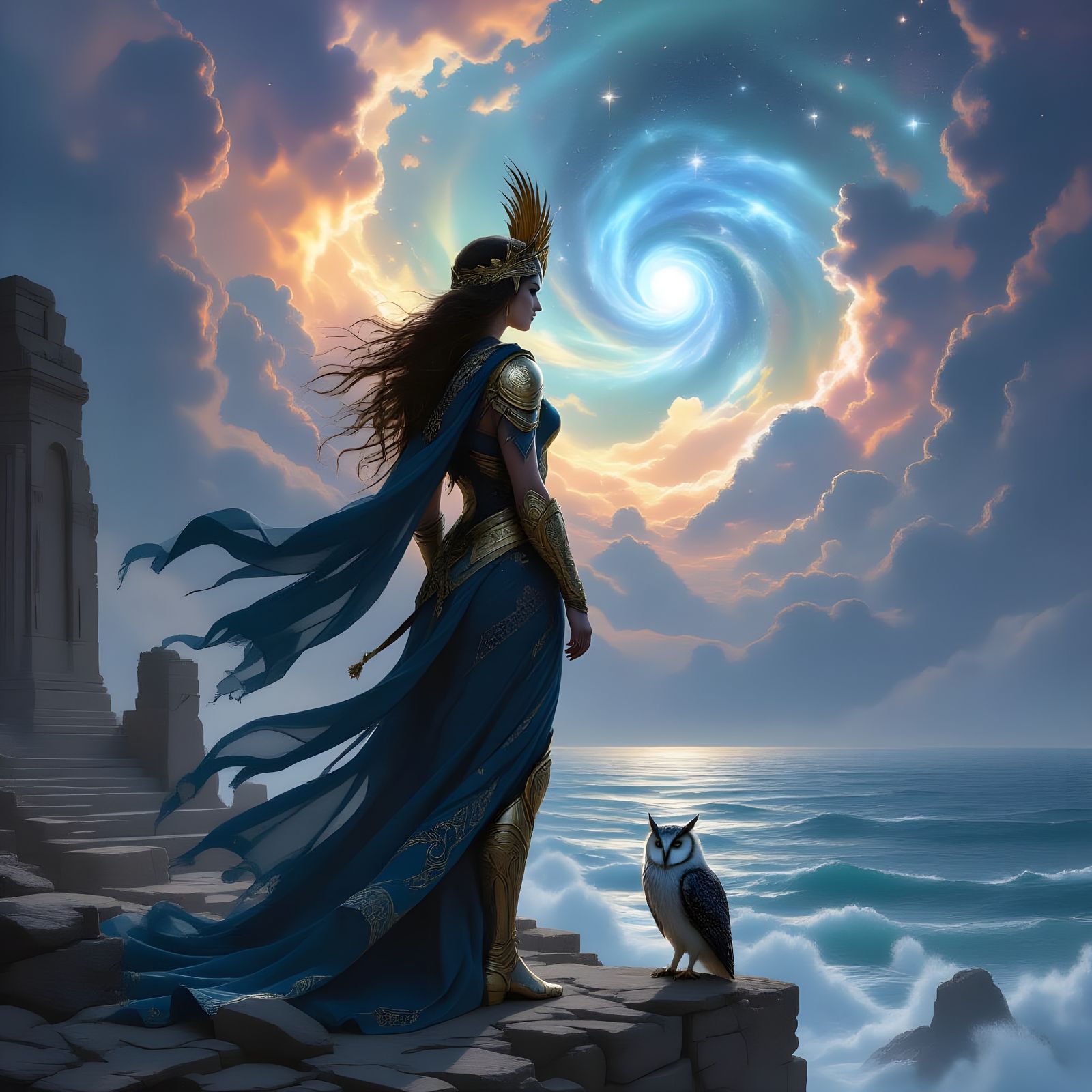 Athena in Nebula Armor Over Cosmic Ocean