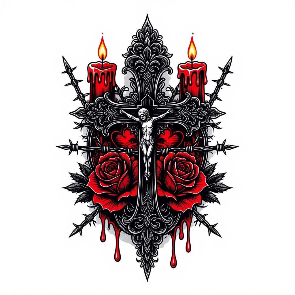 Goth-Grunge Sticker: Ornate Crosses, Barbed Hearts