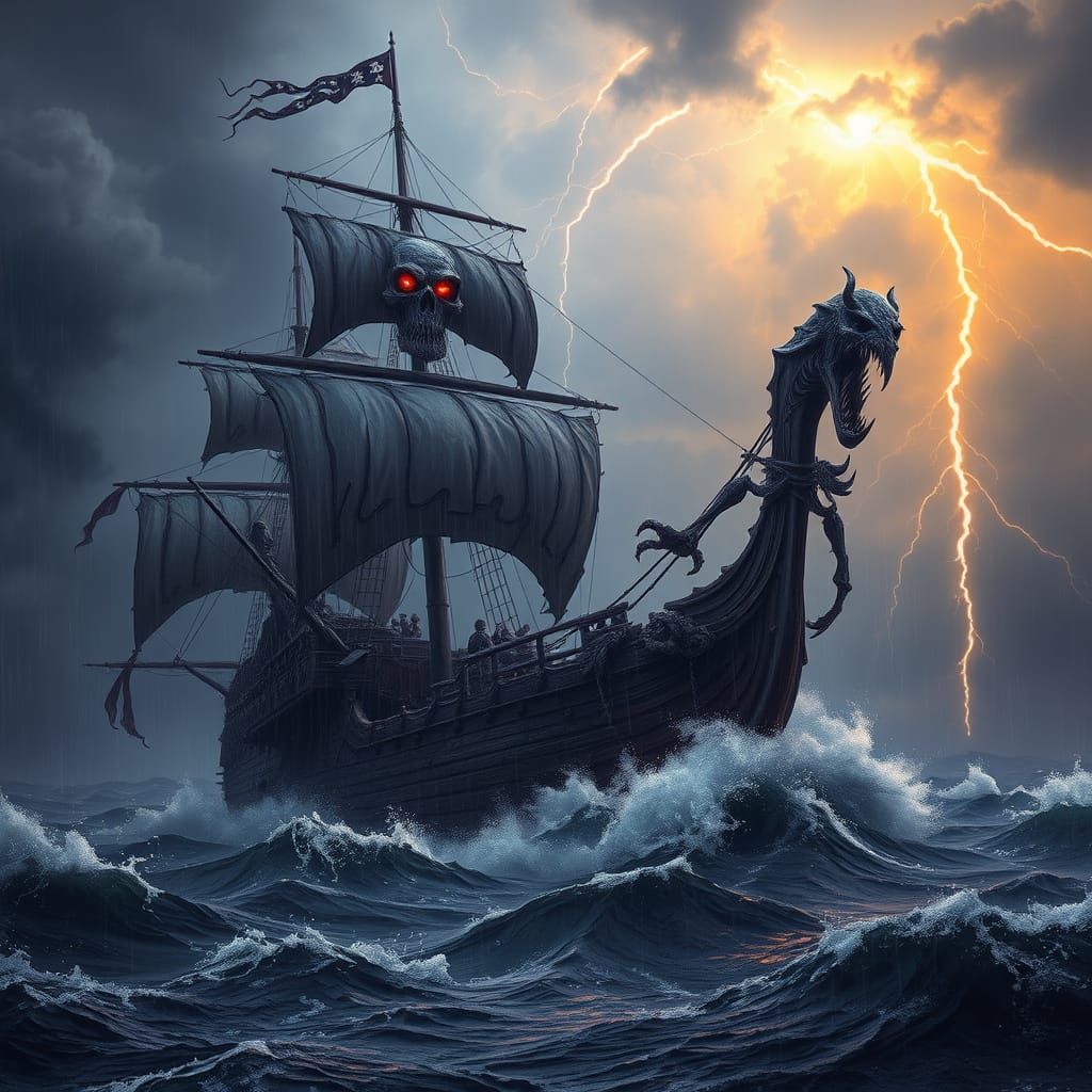 Ghostly Pirate Ship in Turbulent Dark Fantasy Storm
