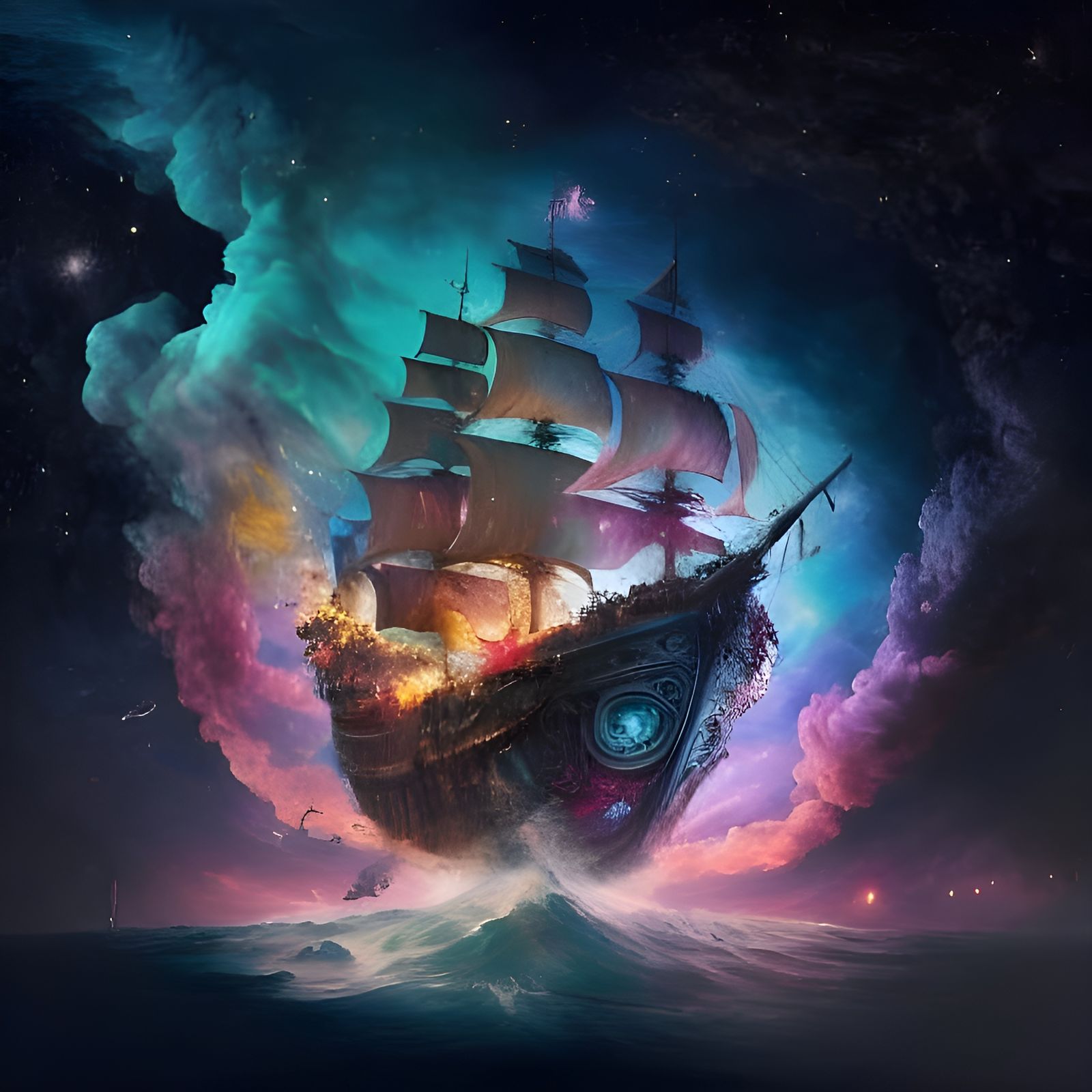 Rainbow Lightning Illuminates Floating Pirate Ship