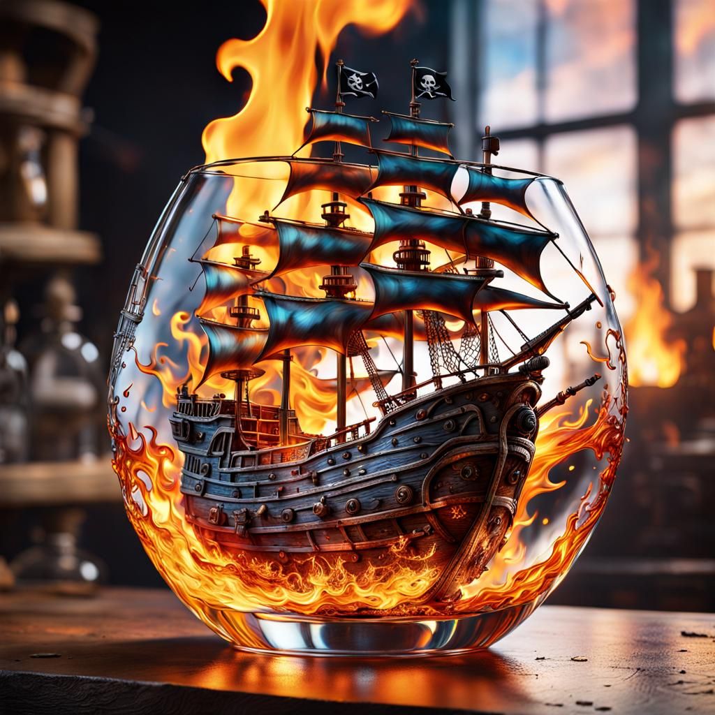 Glass Pirate Ship Forged in Flame: Hyperrealistic Art