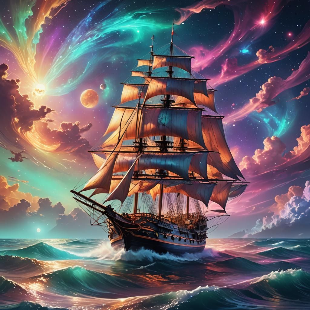 a gaaleon sailing the solar winds ovver a luminescent sea DC...