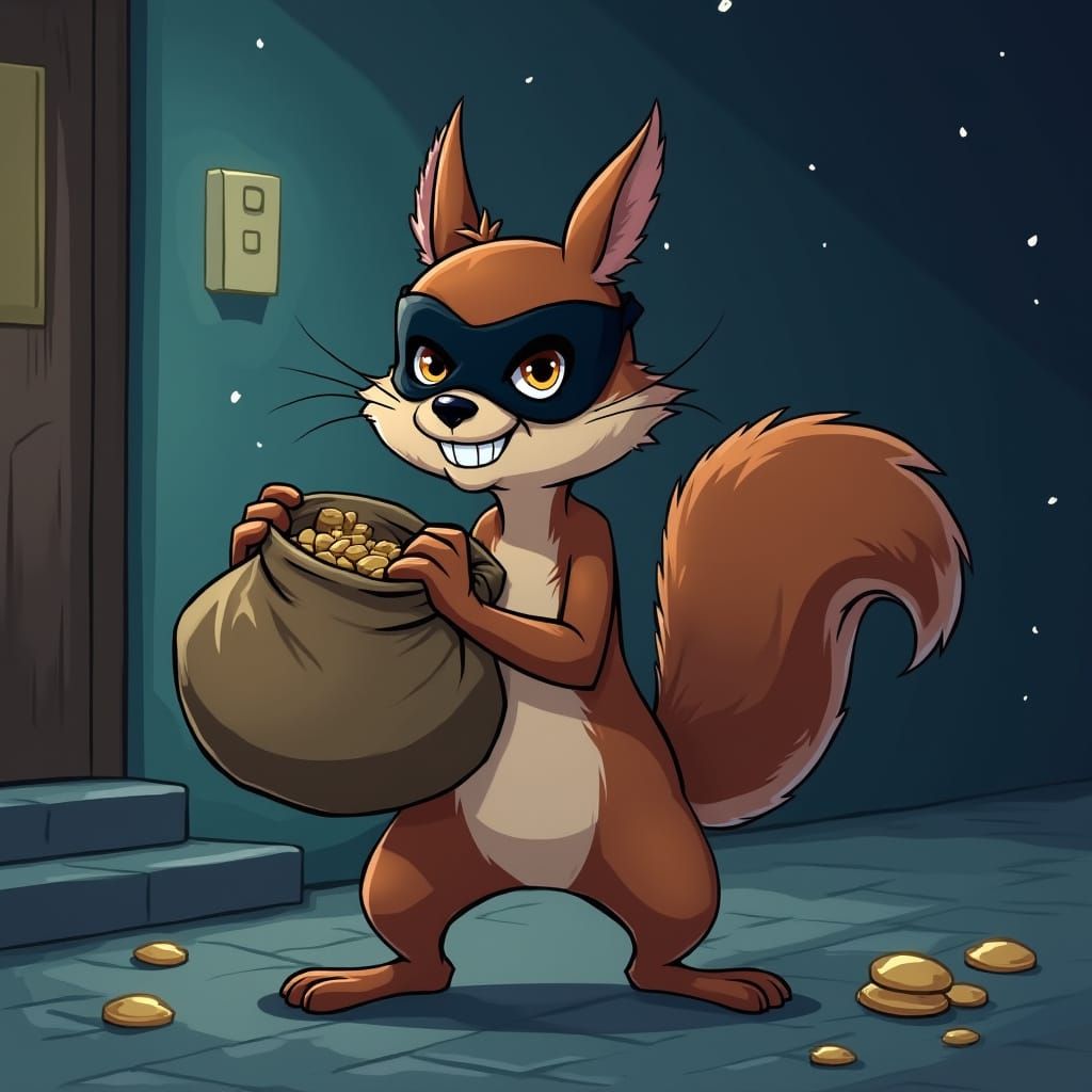 Cartoon Squirrel Bank Robber Escaping at Night