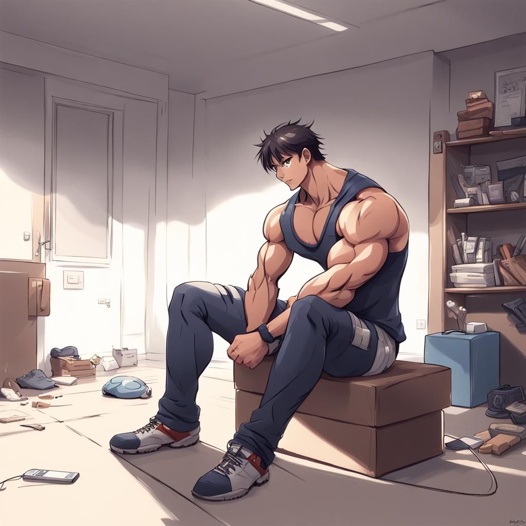 Muscular Man Playing Video Game in Anime Style