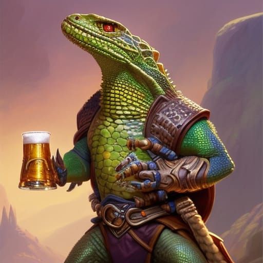Warrior Lizard Drinks Beer: Digital Art Portrait