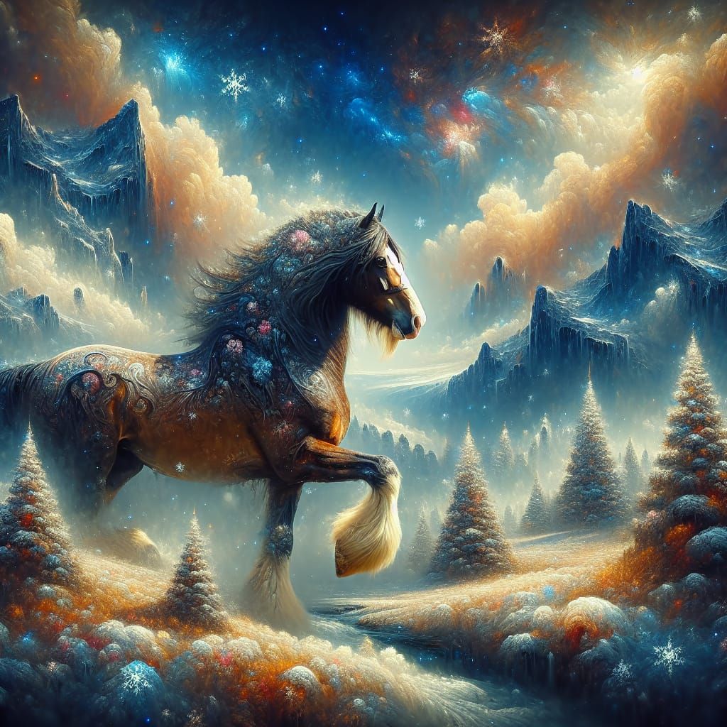 Majestic Clydesdale in Winter Landscape, Romantic Style