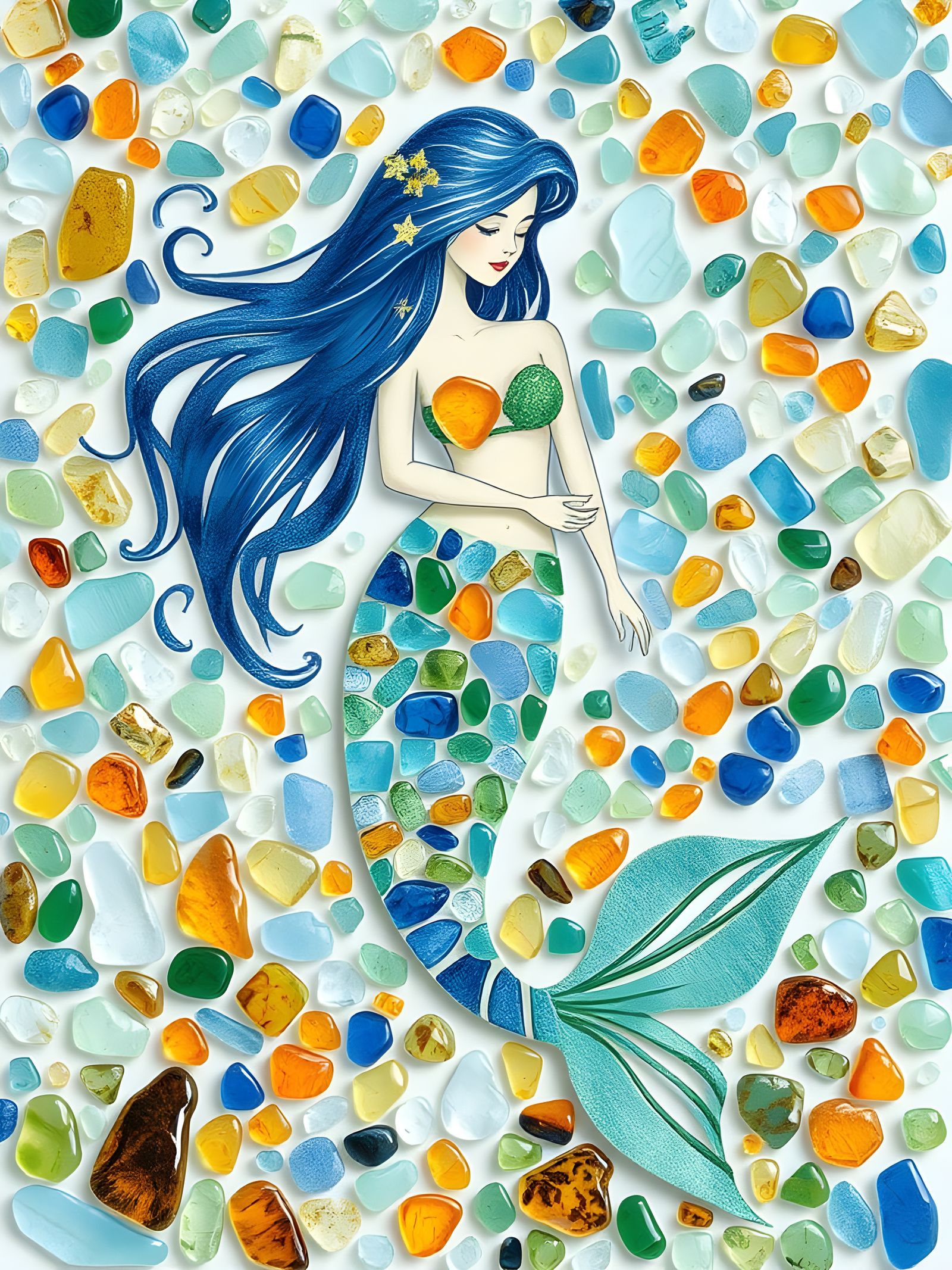 A beautiful mermaid made of sea glass fragments