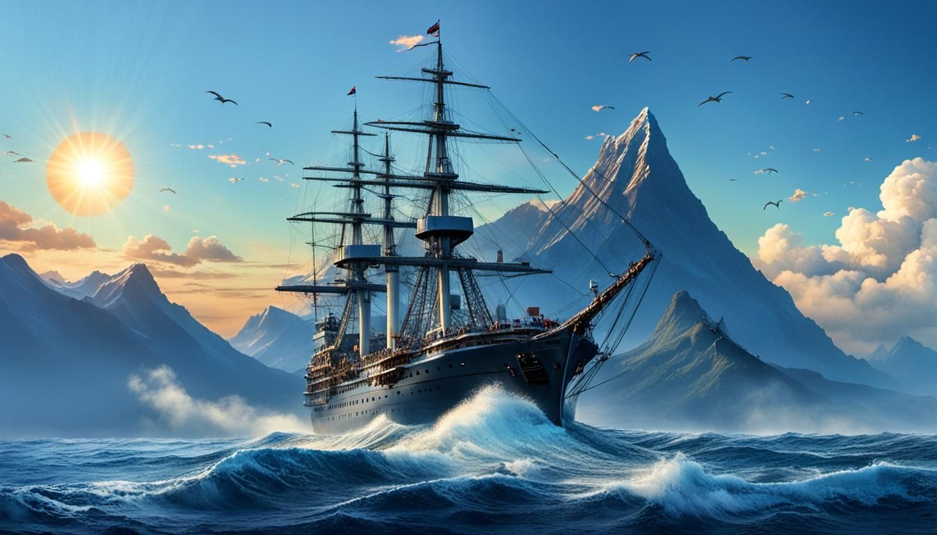 Ship Sails Toward Mountain Peak at Sunrise