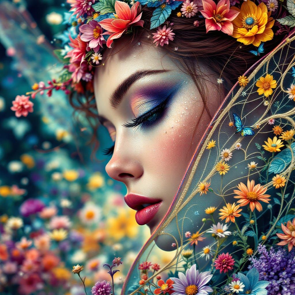 Elegant Fairy in Utopian Floral Landscape