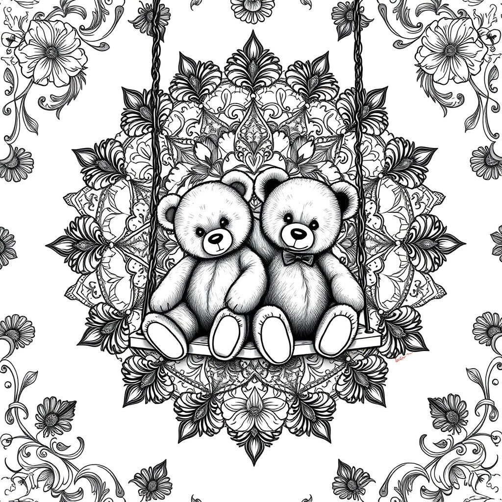 Teddy Bears in Floral Mandala, Black Ink Illustration