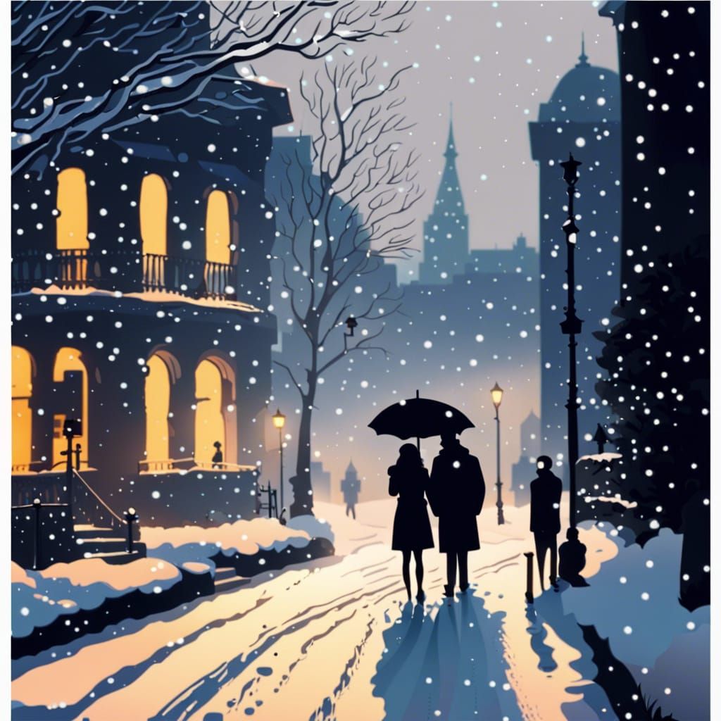 Snowy Winter Cityscape in Impressionistic Style