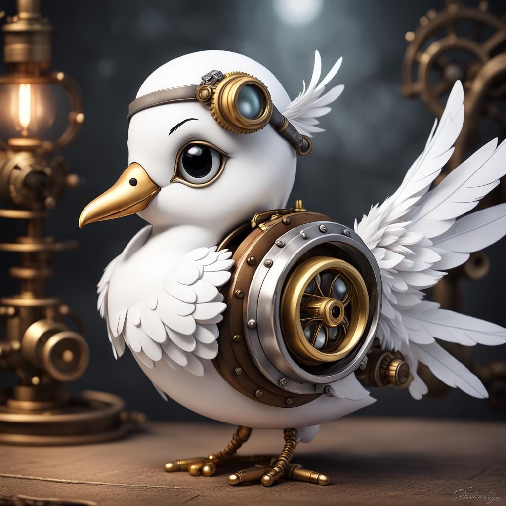 Chibi Steampunk Dove with Olive Branch