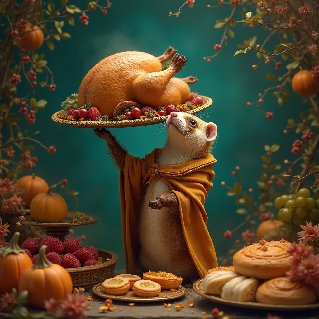 Festive Ferret's Feast: A Matte Painting in 8K