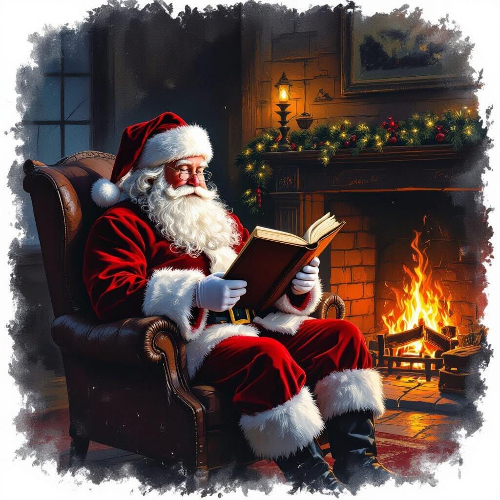 Santa Claus Reading by Firelight in Shadowy Room