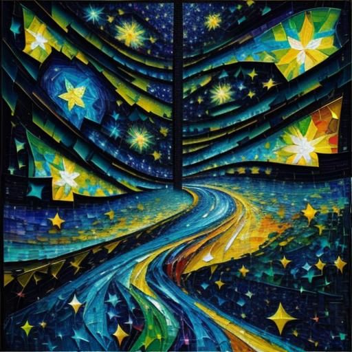 Starry Night Mosaic: Neo-Impressionist Expressionist Oil Pai...