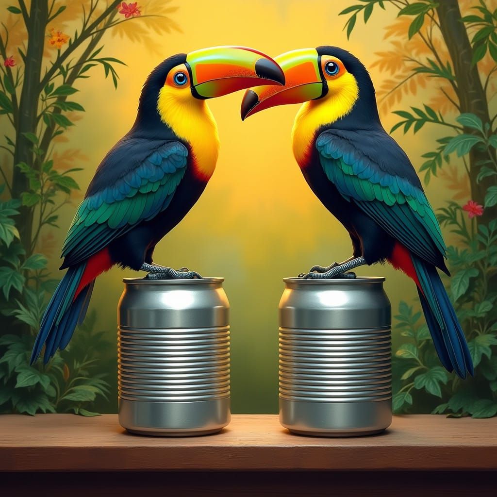 Vibrant Toucans Perched on Metallic Cans in Tropical Jungle